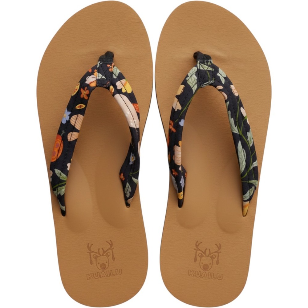 Kuailu Women Tan Floral Mushroom Print Fabric Strap Flip Flop Sandals Size 9-10